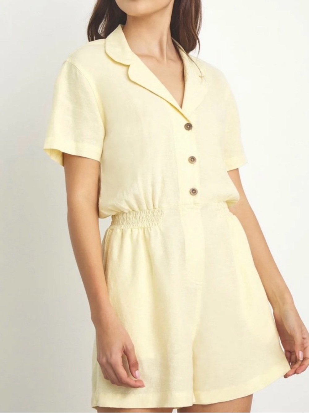 Onia Pale Yellow Short-Sleeve Linen Romper with Button Front